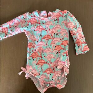 Girls Long-Sleeve Flamingo One-Piece Swimsuit - Pink & Turquoise
